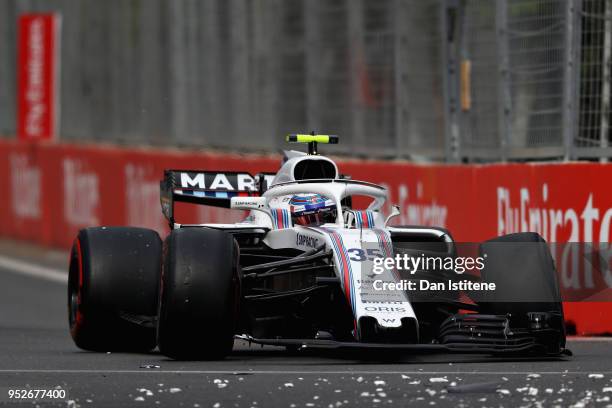 Sergey Sirotkin of Russia driving the Williams Martini Racing FW41 Mercedes after crashing during the Azerbaijan Formula One Grand Prix at Baku City...