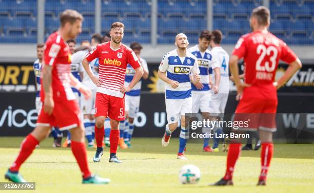 Benedikt Gimber of Regensburg looks dejected during the Second Bundesliga match between MSV Duisburg and SSV Jahn Regensburg at...