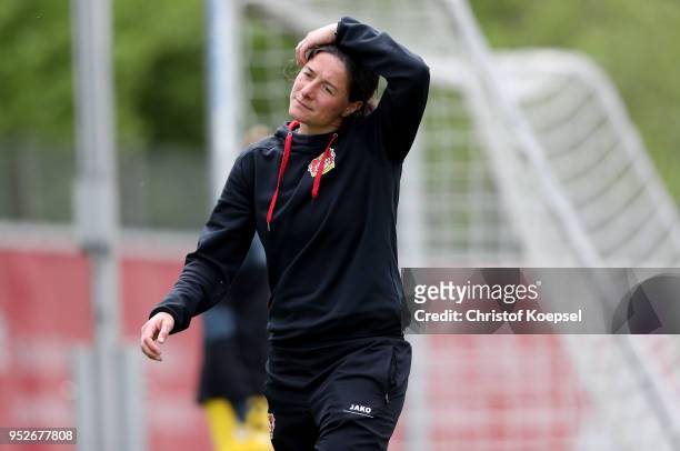 Head coach Verena Hagedorn of Leverkusen reacts during the Second Frauen-Bundesliga Suedstaffel match between Bayer Leverkusen and SC Freiburg II at...