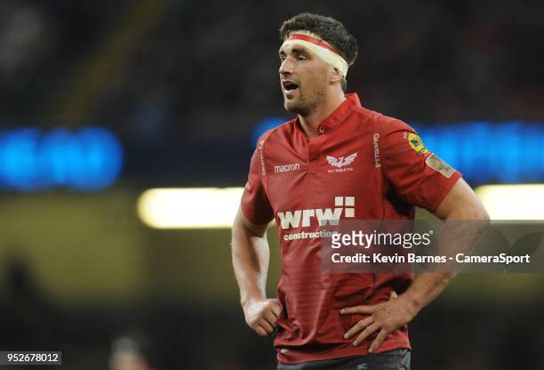 Scarlets' Lewis Rawlins during the Guinness PRO14 Round 21 Judgement Day VI match between Cardiff Blues and Ospreys at Principality Stadium at...