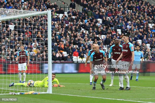 West Ham conceded a second goal via a deflection from Pablo Zabaleta and Declan Rice during the Premier League match between West Ham United and...