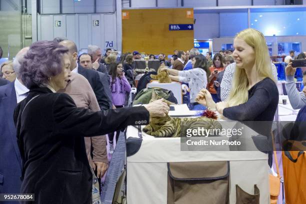 The Queen Sofia of Spain is seen during the visit to the fair 100 × 100 Mascota held at Ifema in Madrid, Spain on April 29, 2018.
