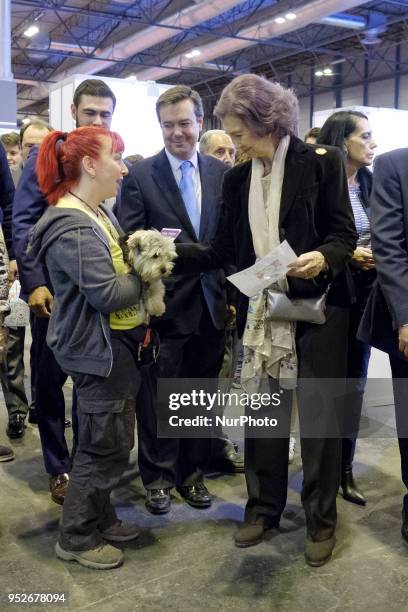 The Queen Sofia of Spain is seen during the visit to the fair 100 × 100 Mascota held at Ifema in Madrid, Spain on April 29, 2018.