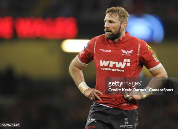 Scarlets' Will Boyde during the Guinness PRO14 Round 21 Judgement Day VI match between Cardiff Blues and Ospreys at Principality Stadium at...