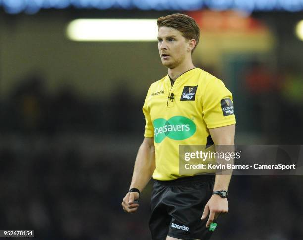 Referee Lloyd Linton during the Guinness PRO14 Round 21 Judgement Day VI match between Cardiff Blues and Ospreys at Principality Stadium at...