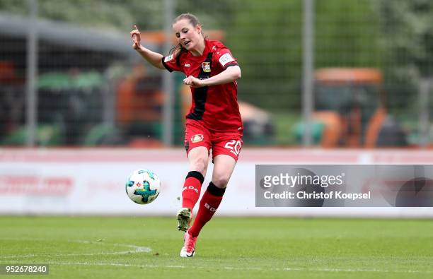 Katharina Prinz of Leverkusen runs with the ball during the Second Frauen-Bundesliga Suedstaffel match between Bayer Leverkusen and SC Freiburg II at...