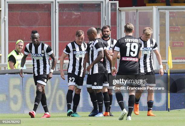 Players of Udinese Calcio celebrate the 0-1 goal scored by Silvan Widmer during the serie A match between Benevento Calcio and Udinese Calcio at...
