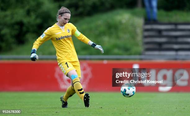 Teresa Straub of Freiburg II runs with the ball during the Second Frauen-Bundesliga Suedstaffel match between Bayer Leverkusen and SC Freiburg II at...