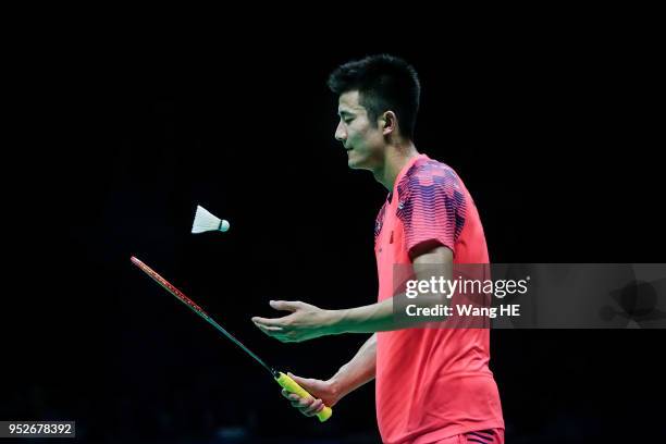 Chen long of China reacts during man's singles final match against Kento Momota of Japan at the 2018 Badminton Asia Championships on Apirl 29, 2018...