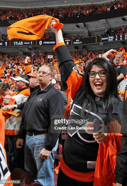 Fans of the Philadelphia Flyers celebrate a first period goal against the Pittsburgh Penguins in Game Six of the Eastern Conference First Round...