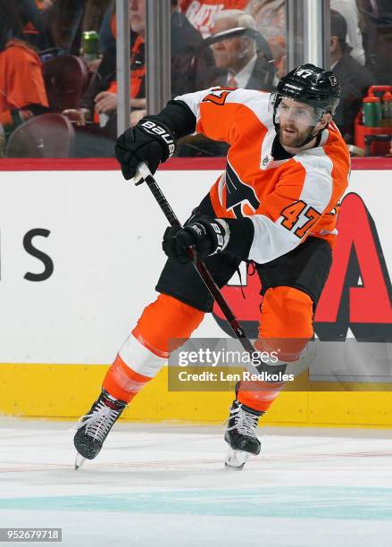 Andrew MacDonald of the Philadelphia Flyers skates against the Pittsburgh Penguins in Game Six of the Eastern Conference First Round during the 2018...