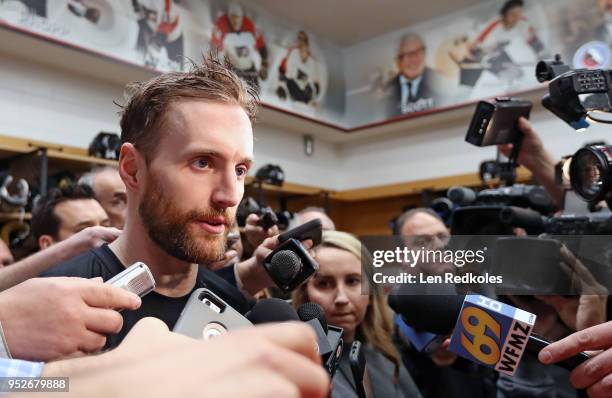 Andrew MacDonald of the Philadelphia Flyers speaks to the media after being defeated 8-5 by the Pittsburgh Penguins in Game Six of the Eastern...