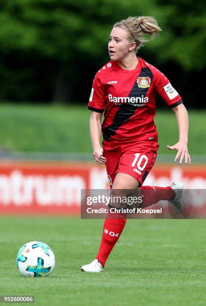 Madeline Gier of Leverkusen runs with the ball during the Second Frauen-Bundesliga Suedstaffel match between Bayer Leverkusen and SC Freiburg II at...