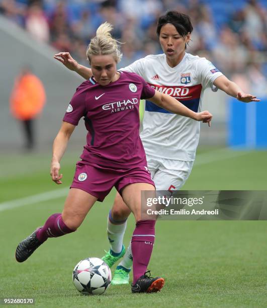 Isobel Christiansen of Manchester City Women is challenged by Saki Kumagai of Olympique Lyonnais during the UEFA Women's Champions League, Semi Final...