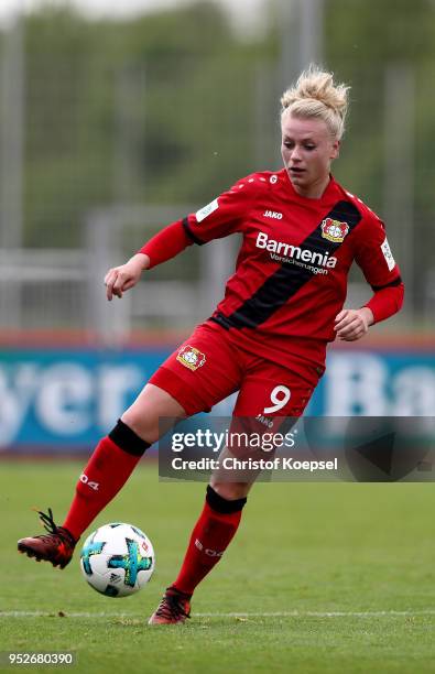 Merle Barth of Leverkusen runs with the ball during the Second Frauen-Bundesliga Suedstaffel match between Bayer Leverkusen and SC Freiburg II at...