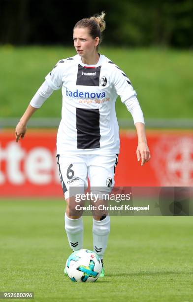 Daria Streng of Freiburg II runs with the ball during the Second Frauen-Bundesliga Suedstaffel match between Bayer Leverkusen and SC Freiburg II at...