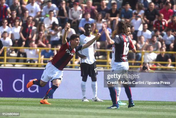 Riccardo Orsolini of Bologna FC celebrates after scoring his team's first goal during the serie A match between Bologna FC and AC Milan at Stadio...