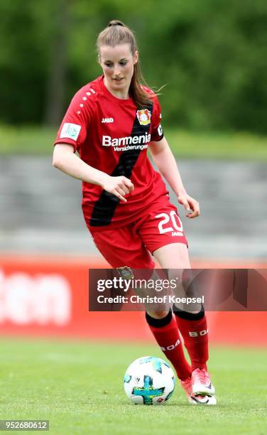 Katharina Prinz of Leverkusen runs with the ball during the Second Frauen-Bundesliga Suedstaffel match between Bayer Leverkusen and SC Freiburg II at...