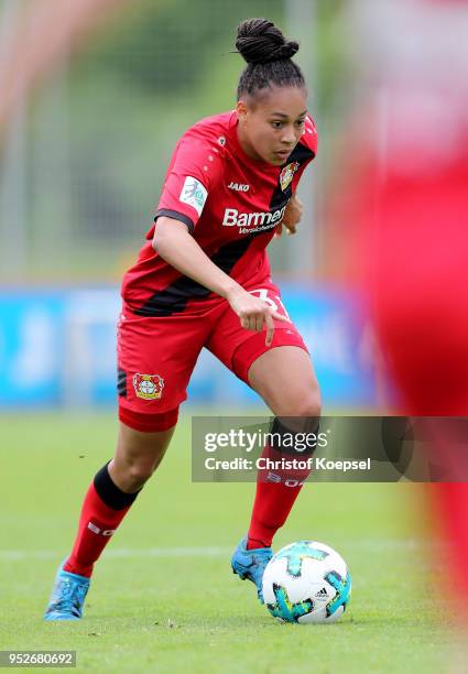 Lara Hess of Leverkusen runs with the ball during the Second Frauen-Bundesliga Suedstaffel match between Bayer Leverkusen and SC Freiburg II at...