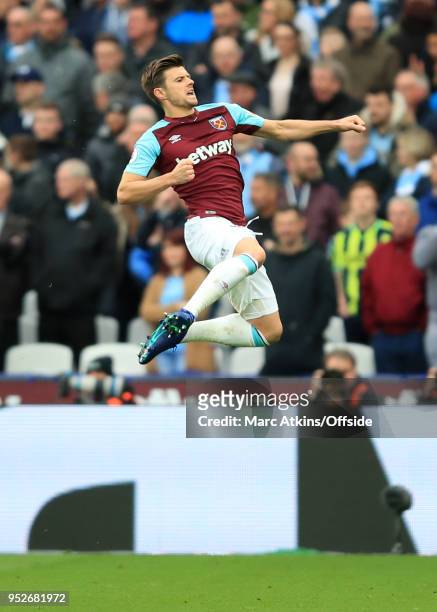 Aaron Cresswell of West Ham celebrates scoring their 1st goal during the Premier League match between West Ham United and Manchester City at London...