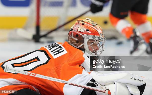 Michal Neuvirth of the Philadelphia Flyers looks on during warm-ups against the Pittsburgh Penguins in Game Six of the Eastern Conference First Round...