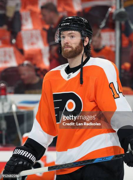 Sean Couturier of the Philadelphia Flyers looks on during warm-ups against the Pittsburgh Penguins in Game Six of the Eastern Conference First Round...