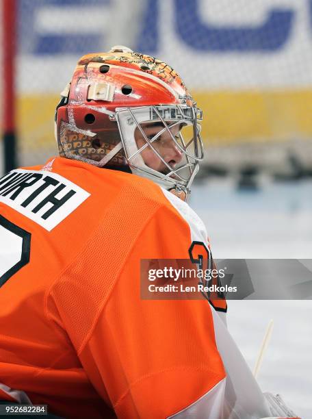 Michal Neuvirth of the Philadelphia Flyers looks on during warm-ups against the Pittsburgh Penguins in Game Six of the Eastern Conference First Round...