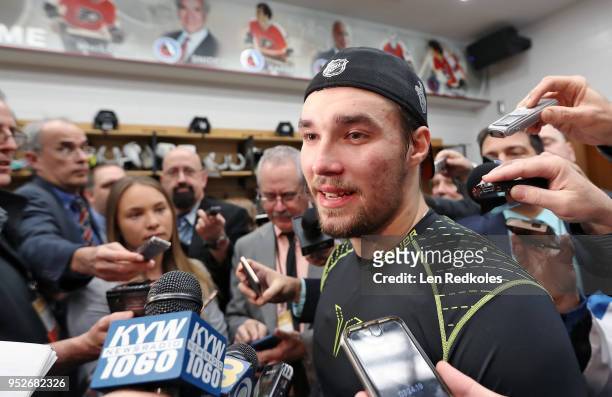 Ivan Provorov of the Philadelphia Flyers speaks to the media after being defeated 8-5 by the Pittsburgh Penguins in Game Six of the Eastern...