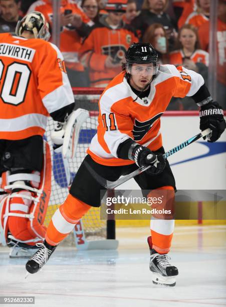 Travis Konecny of the Philadelphia Flyers warms up against the Pittsburgh Penguins in Game Six of the Eastern Conference First Round during the 2018...