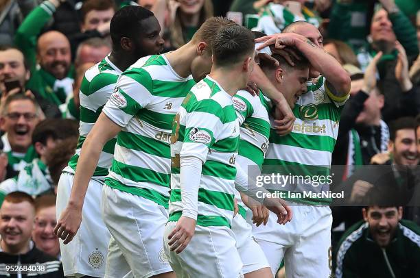 James Forrest of Celtic celebrates scoring his team's third goal during the Scottish Premier League match between Celtic and Rangers at Celtic Park...