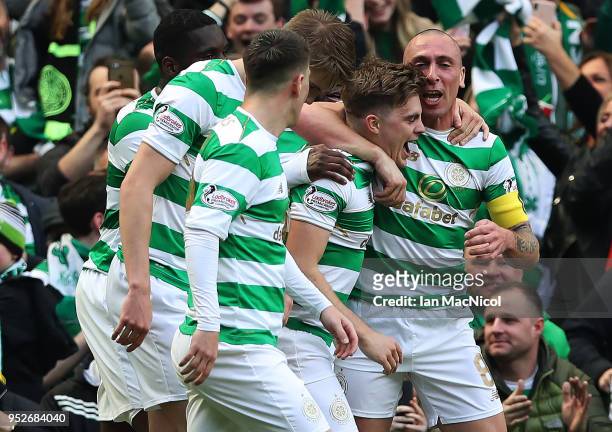 James Forrest of Celtic celebrates scoring his team's third goal during the Scottish Premier League match between Celtic and Rangers at Celtic Park...