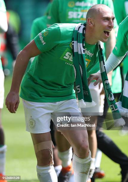 Scott Brown of Celtic is seen during the Scottish Premier League match between Celtic and Rangers at Celtic Park on April 29, 2018 in Glasgow,...