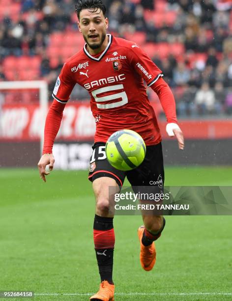 Rennes' Algerian defender Ramy Bensebaini controls the ball during the French L1 football match Rennes vs Toulouse on April 29, 2018 at the Roazhon...