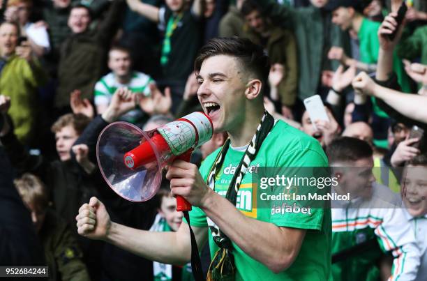 Kieran Tierney of Celtic is seen during the Scottish Premier League match between Celtic and Rangers at Celtic Park on April 29, 2018 in Glasgow,...