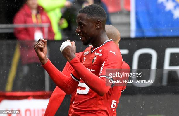 Rennes' French midfielder James Lea Siliki celebrates after scoring during the French L1 football match Rennes vs Toulouse on April 29, 2018 at the...