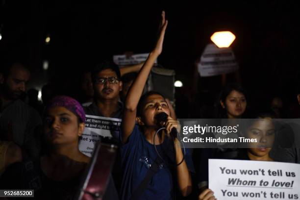Members of Jawaharlal Nehru University Students Union march against the screening of film In the Name of Love-Melancholy of Gods Own Country, in JNU,...