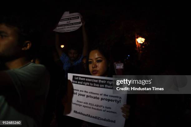 Members of Jawaharlal Nehru University Students Union march against the screening of film In the Name of Love-Melancholy of Gods Own Country, in JNU,...