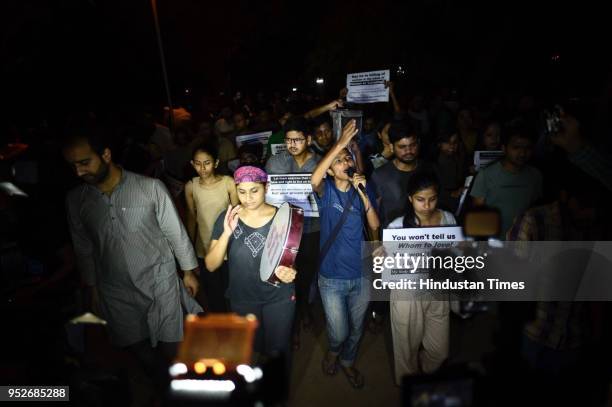 Members of Jawaharlal Nehru University Students Union march against the screening of film In the Name of Love-Melancholy of Gods Own Country, in JNU,...