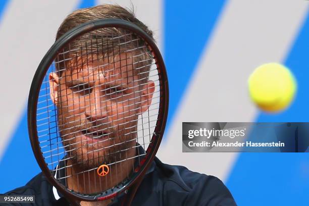 Martin Klizan of Slovakia plays a fore hand during his qualification match against Jozef Kovalik of Slovakia on day 2 of the BMW Open at MTTC IPHITOS...