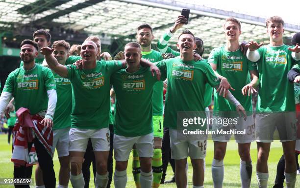Scott Brown of Celtic celebrates during the Scottish Premier League match between Celtic and Rangers at Celtic Park on April 29, 2018 in Glasgow,...