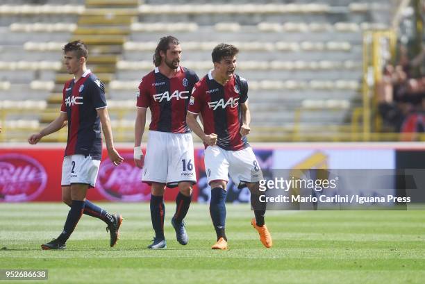 Riccardo Orsolini of Bologna FC celebrates after scoring a goal was cancelled by the referee after checking the VAR during the serie A match between...