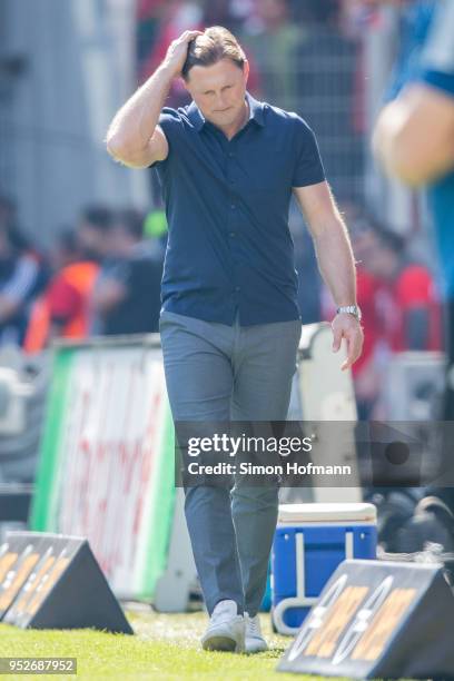 Head coach Ralph Hasenhuettl of Leipzig reacts during the Bundesliga match between 1. FSV Mainz 05 and RB Leipzig at Opel Arena on April 28, 2018 in...