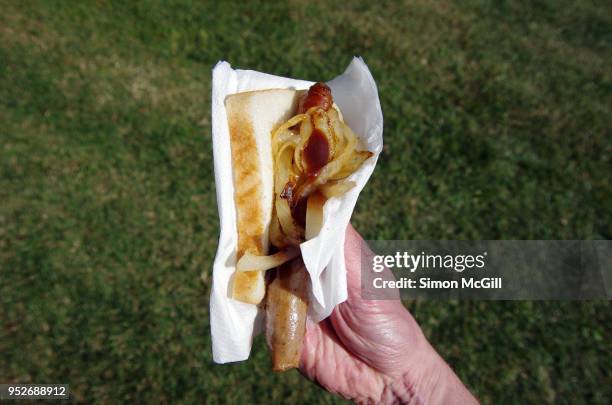 sausage sizzle sandwich with fried onion and bbq sauce in a white paper napkin held in a man's hand in a park - sausage - fotografias e filmes do acervo