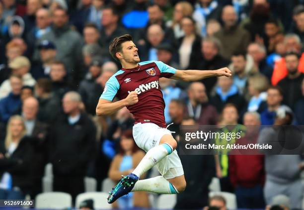 Aaron Cresswell of West Ham celebrates scoring their 1st goal during the Premier League match between West Ham United and Manchester City at London...