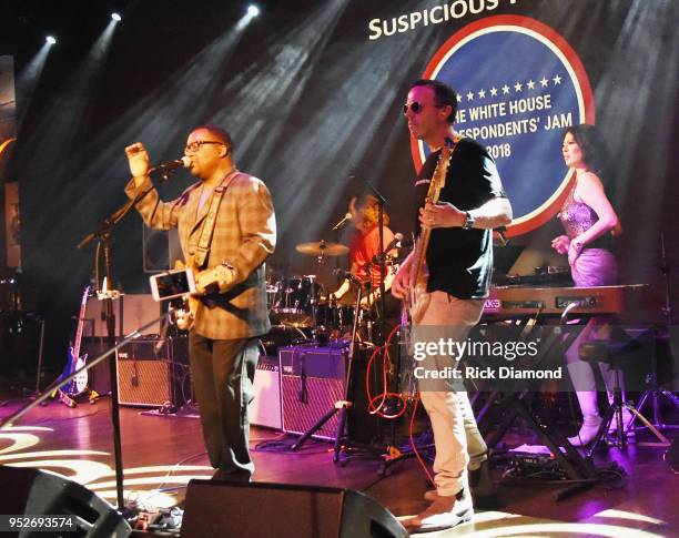 Bryan Greene , Tom Toles , Tim Burger and Christina Sevilla of Suspicious Package perform during Mother Nature Network's White House Correspondents'...