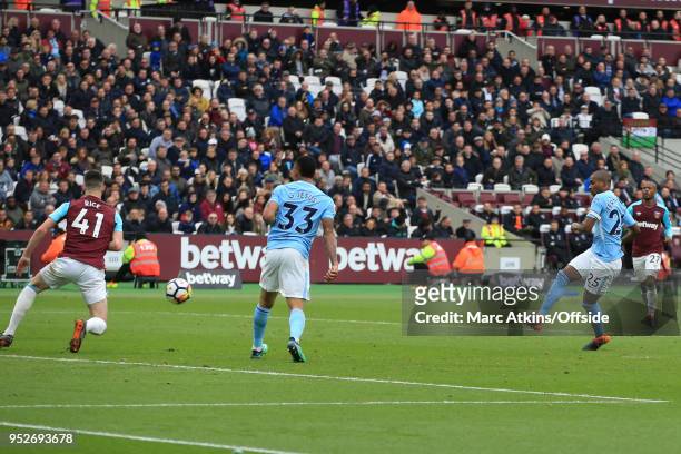 Fernandinho of Manchester City scores their 4th goal during the Premier League match between West Ham United and Manchester City at London Stadium on...