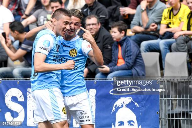 Jannes Vansteenkiste of Roda JC celebrates 0-1 with Donis Avdijaj of Roda JC during the Dutch Eredivisie match between VVVvVenlo - Roda JC at the...