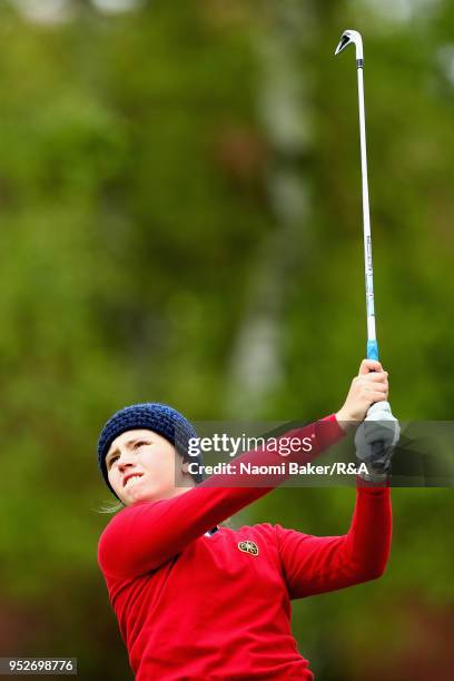 Elena Moosmann of Switzerland plays her shot on the 5th tee during the final round of the Girls' U16 Open Championship at Fulford Golf Club on April...