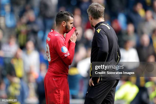 Adam Maher of FC Twente, Remko Pasveer of Vitesse during the Dutch Eredivisie match between Vitesse v Fc Twente at the GelreDome on April 29, 2018 in...