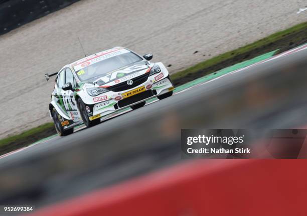 Josh Cook of Power Maxed Racing drives a Vauxhall Astra during the Dunlop MSA British Touring Car Championship at Donington Park on April 29, 2018 in...